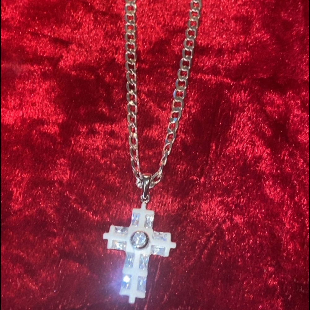 18KT WHITE GOLD PLATED CROSS 925 SILVER 22” CHAIN!